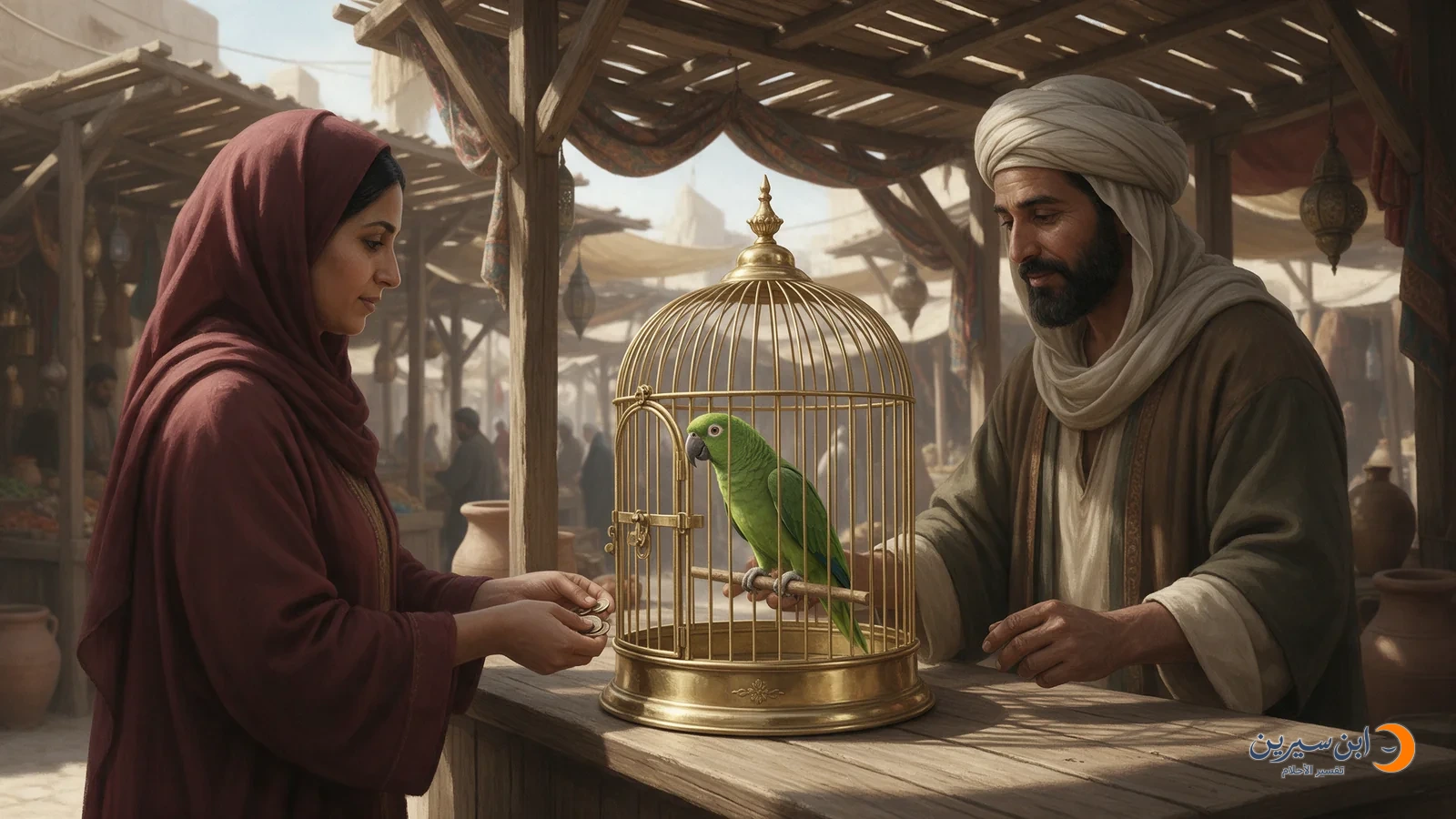 امرأة تدفع نقودًا لبائع بجوار قفص فيه ببغاء أخضر