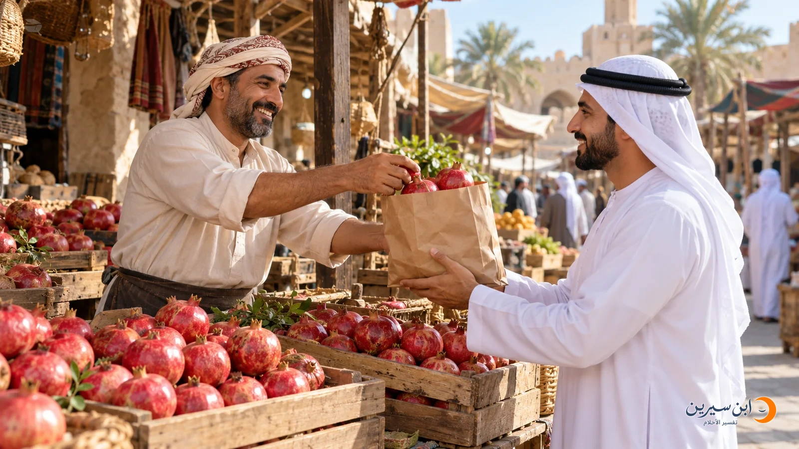 بائع عربي يقدم كيس رمان إلى زبون