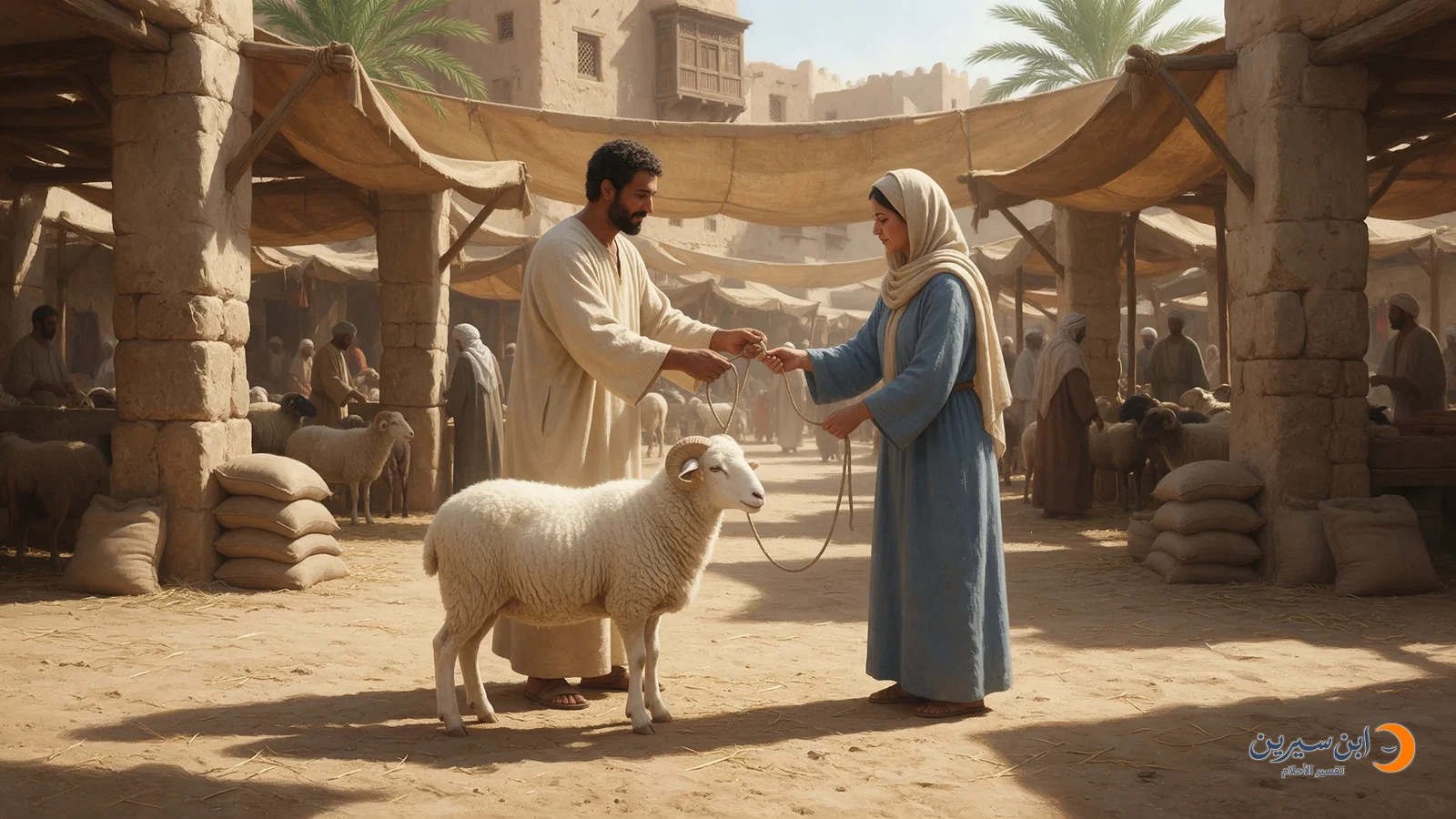 امرأة تتسلم حبل خروف من بائع في سوق