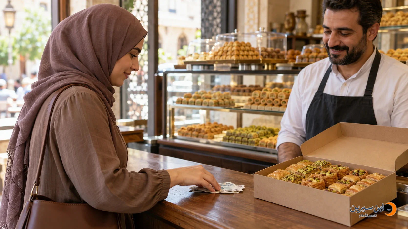 امرأة تدفع ثمن علبة حلويات عند منضدة محل