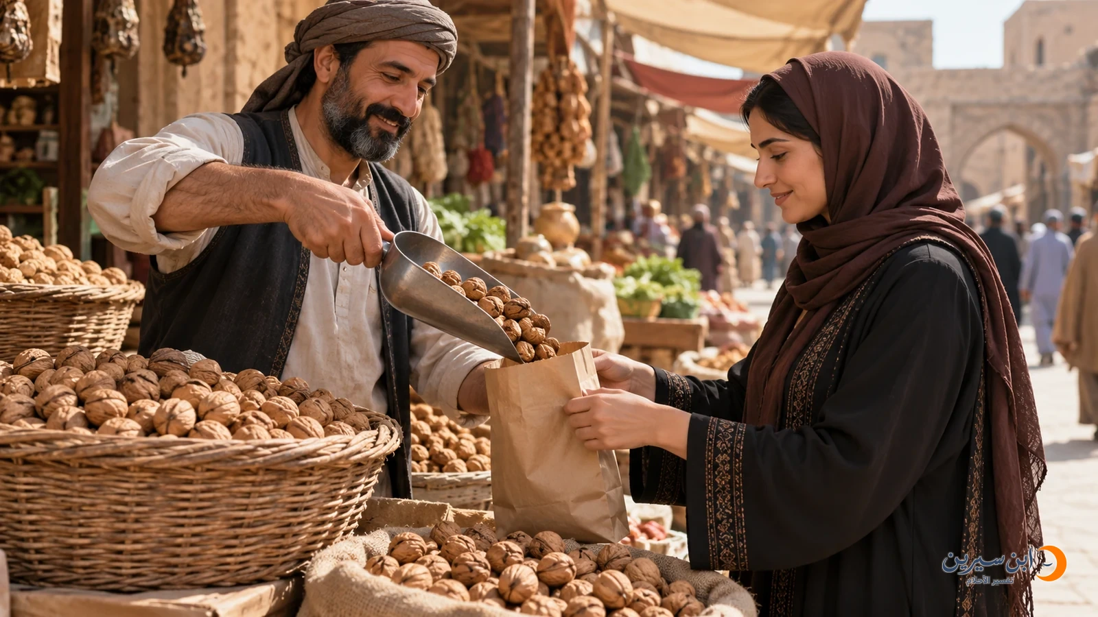 امرأة تشتري الجوز من بائع في سوق