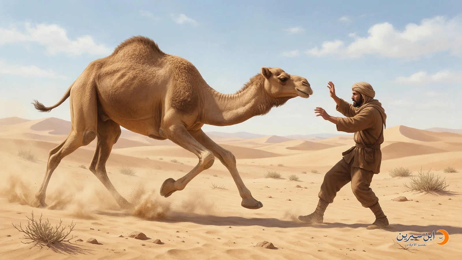 جمل يندفع نحو رجل يرفع يديه دفاعًا عن نفسه