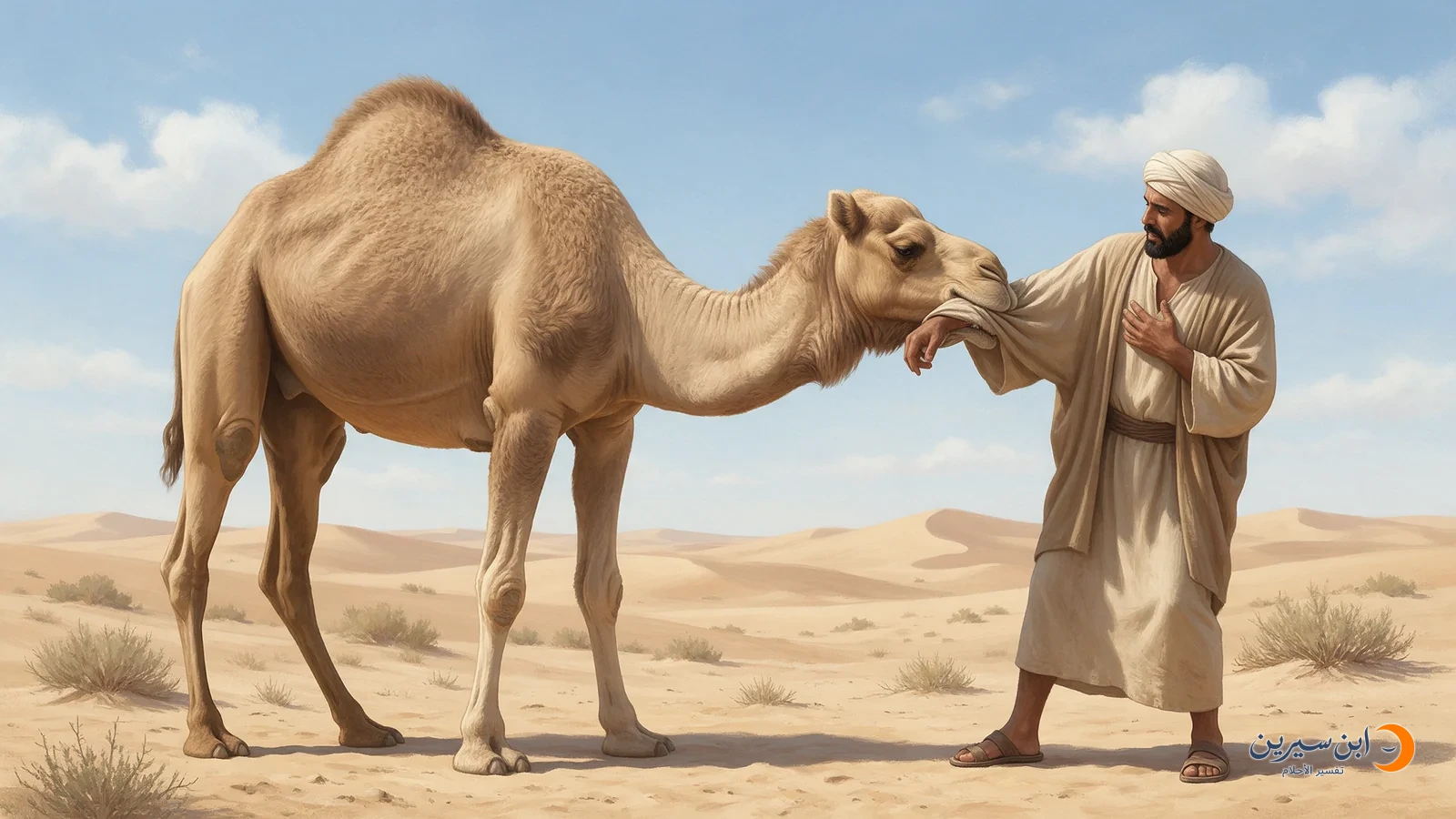 جمل يعض ساعد رجل فوق الثوب والرجل يسحب ذراعه