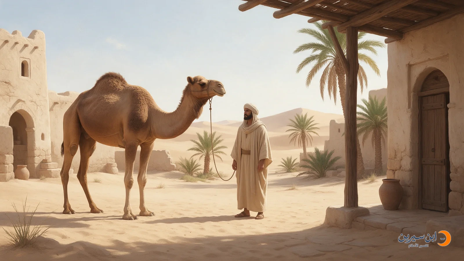 جمل عربي يقف بجوار رجل في فناء عند الواحة