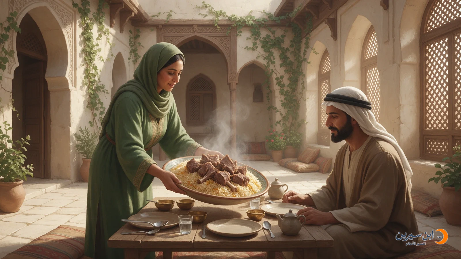 امرأة تقدم طبق لحم مطبوخ مع الأرز لرجل على مائدة