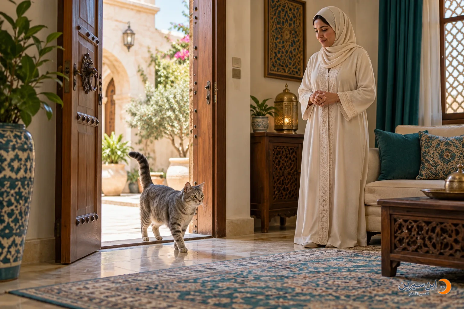 امرأة تشاهد قطة تعبر باب البيت إلى الداخل