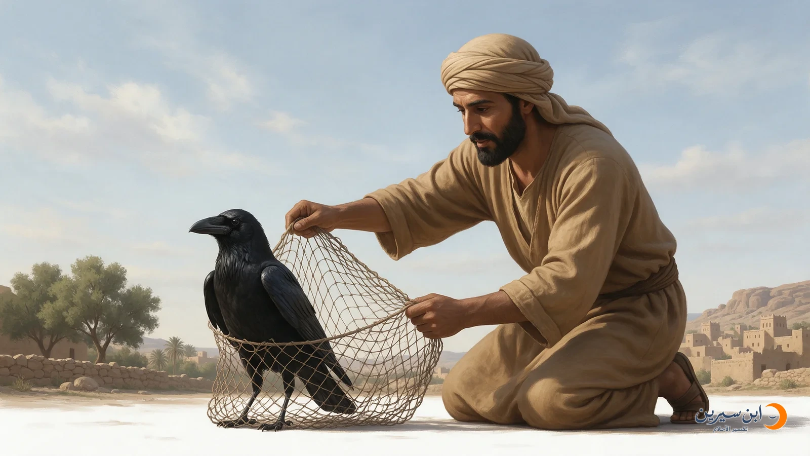 رجل يمسك شبكة رخوة حول غراب واقف على الأرض