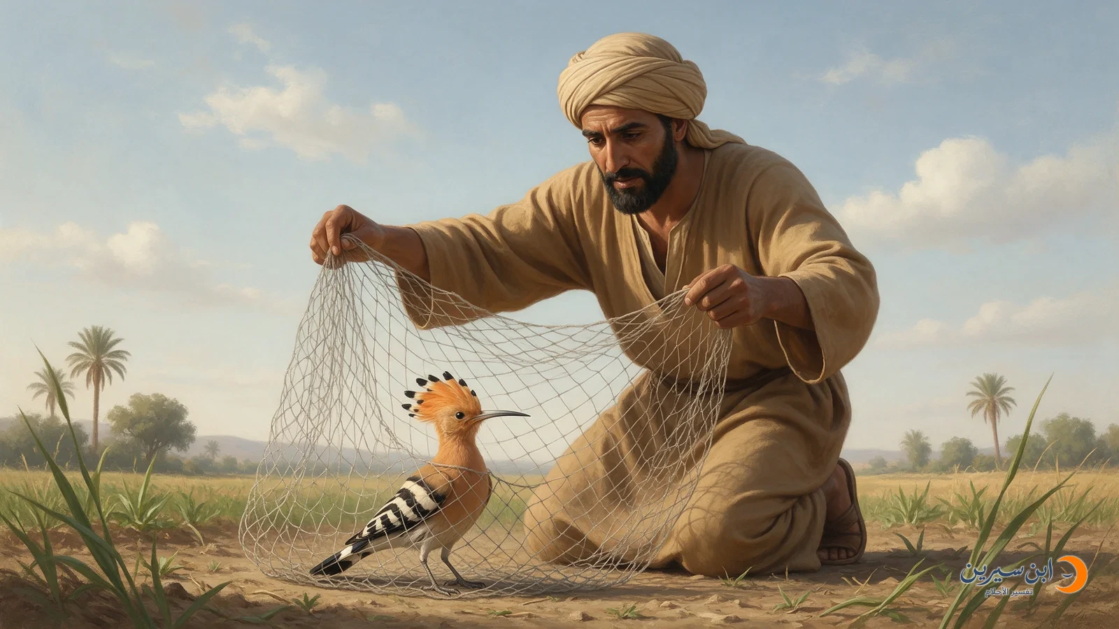 رجل راكع يمسك شبكة رخوة حول هدهد واقف على الأرض
