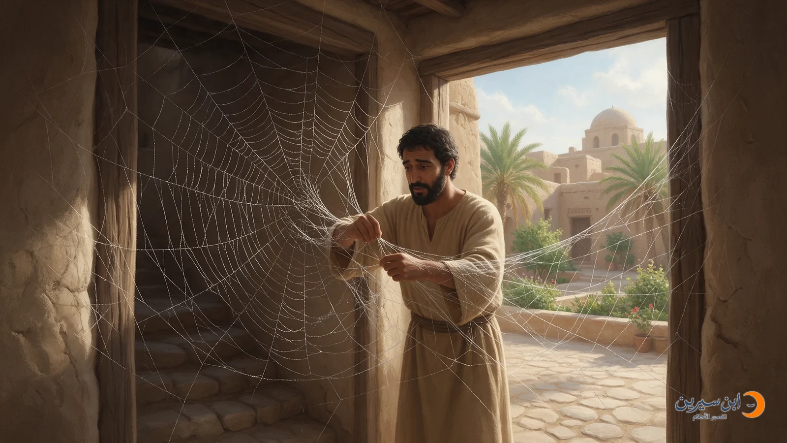 رجل يفك خيوط عنكبوت علقت بساعديه وثيابه عند المدخل