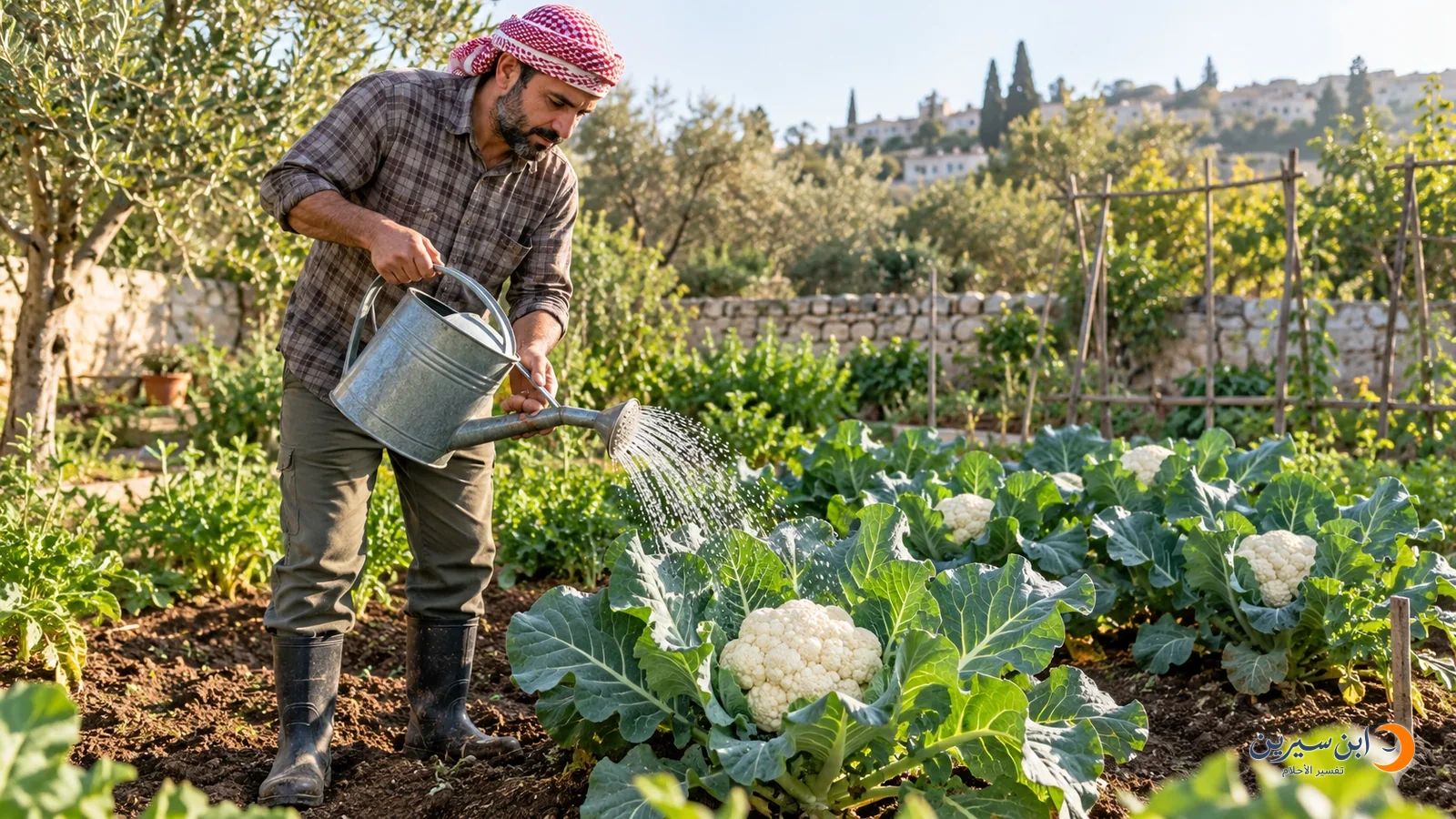 رجل يسقي نبات القرنبيط في حديقة