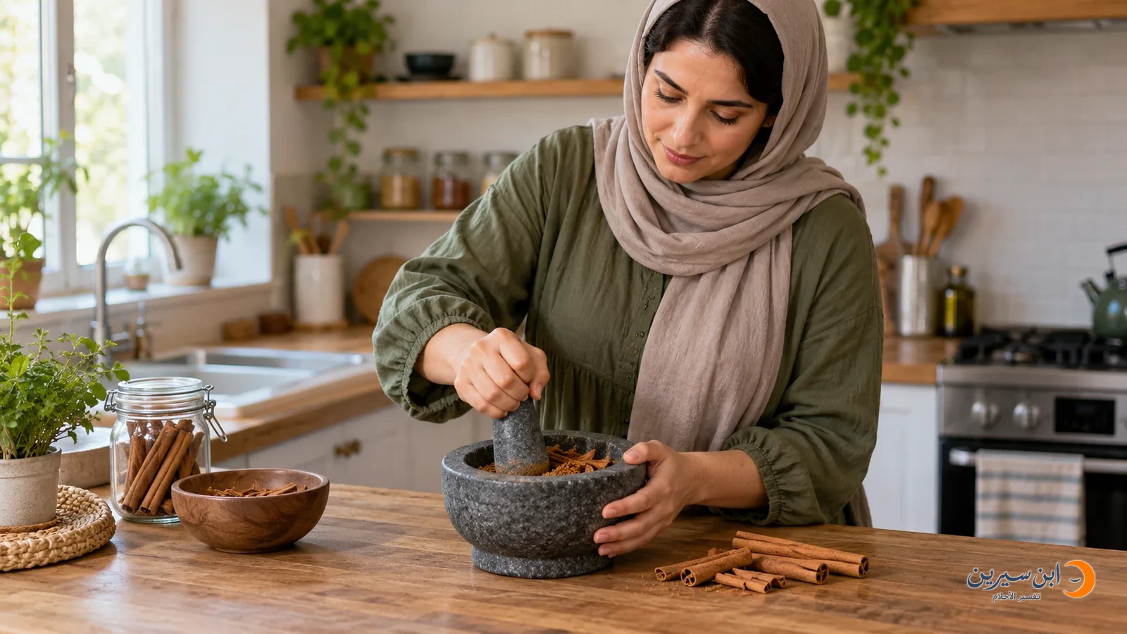 امرأة تطحن أعواد القرفة في هاون