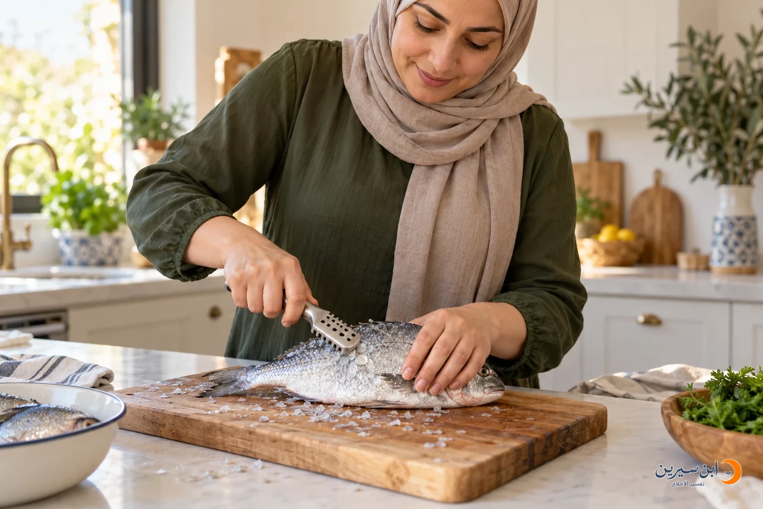 امرأة تنظف قشور سمكة على لوح المطبخ