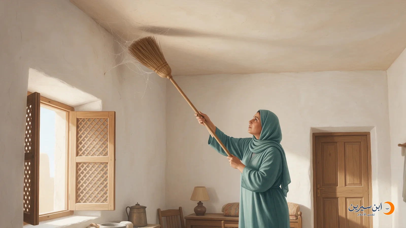 امرأة تزيل خيوط العنكبوت من زاوية السقف بمكنسة