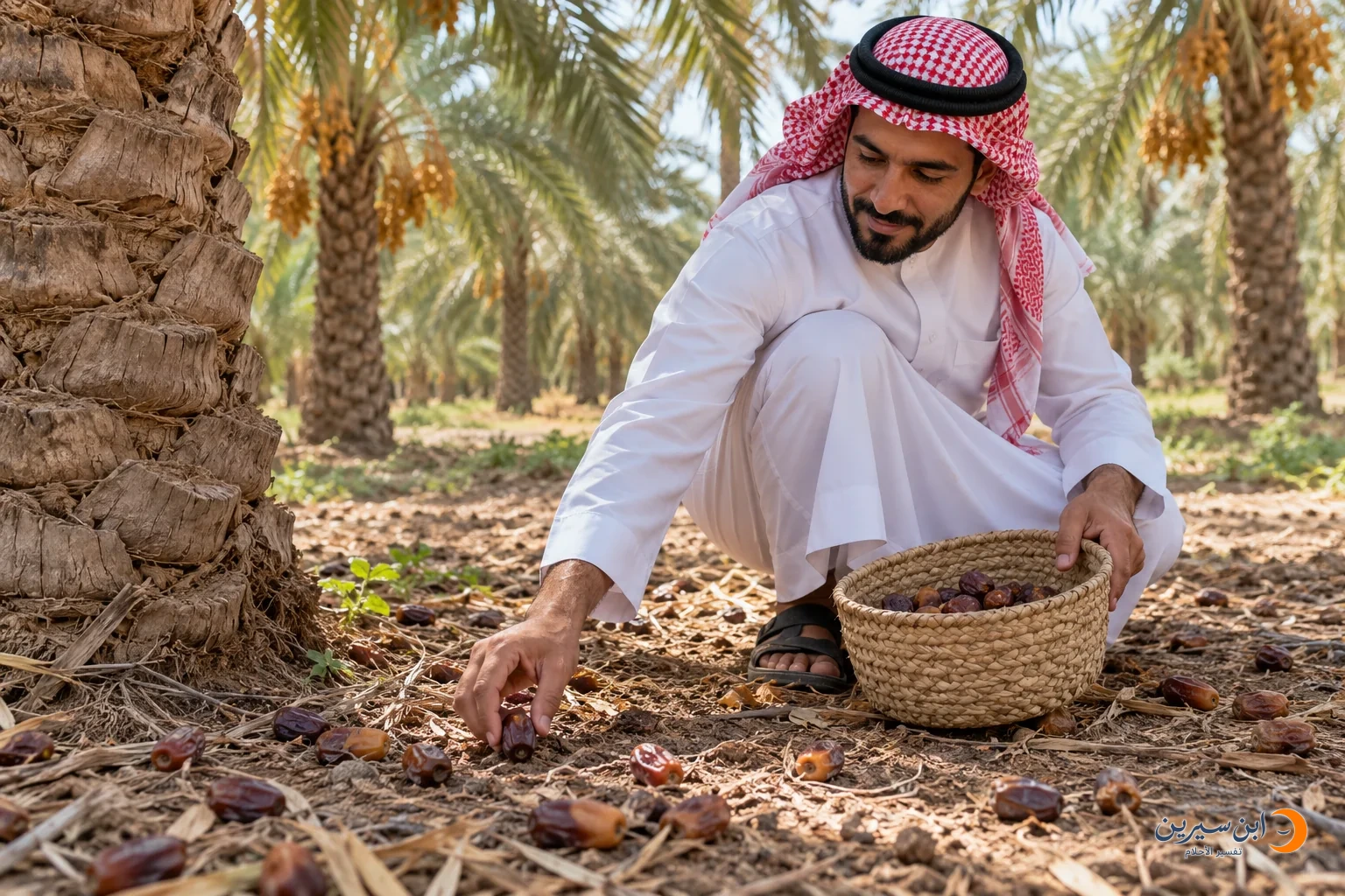 شخص يجمع تمرًا متساقطًا من الأرض تحت نخلة