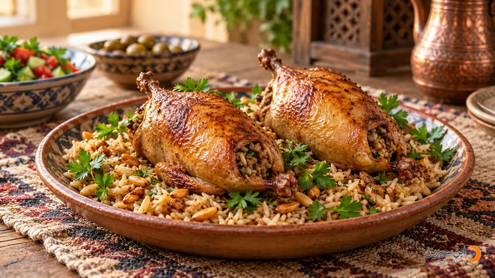 حمام محشي مطبوخ في طبق مع الأرز