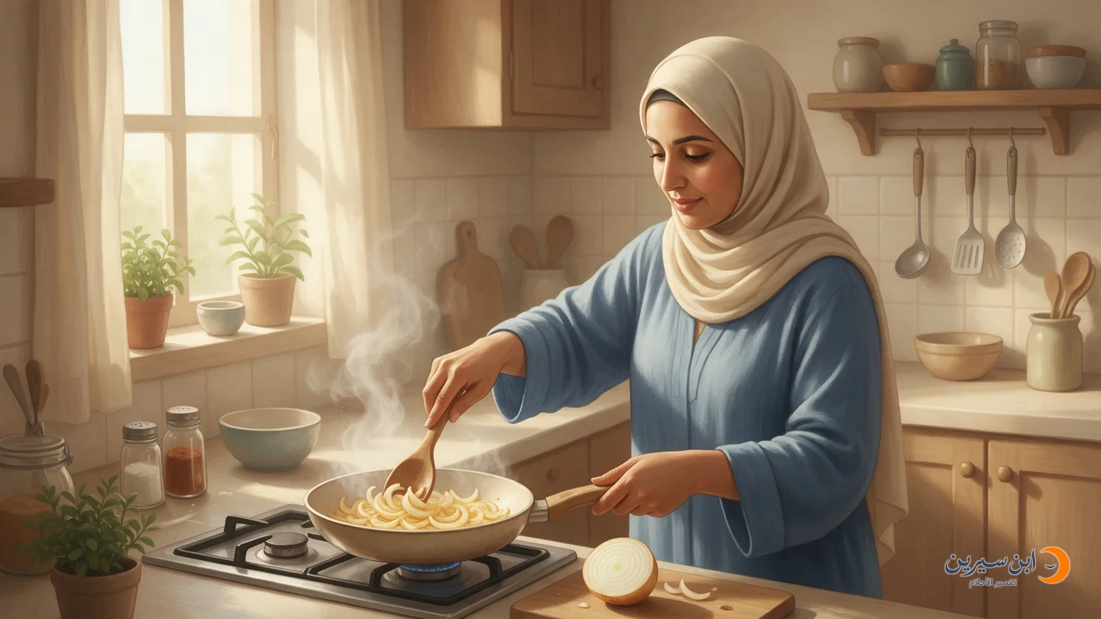 امرأة تقلب شرائح البصل بملعقة في مقلاة بمطبخ