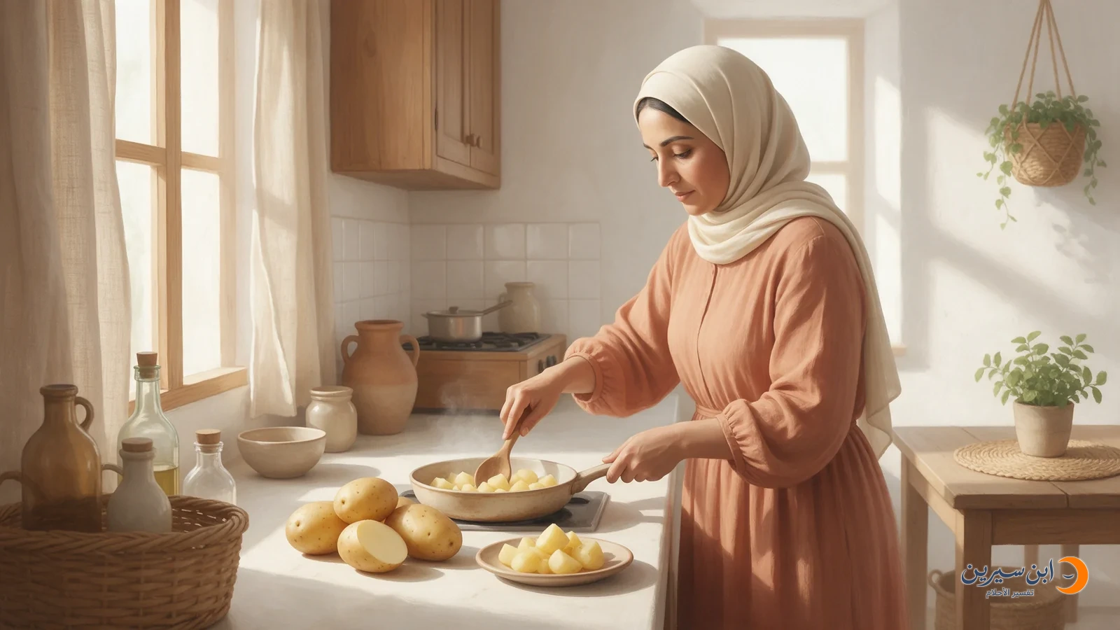 امرأة تطبخ قطع البطاطس في المطبخ وبجوارها ثمار كاملة وطبق مطبوخ