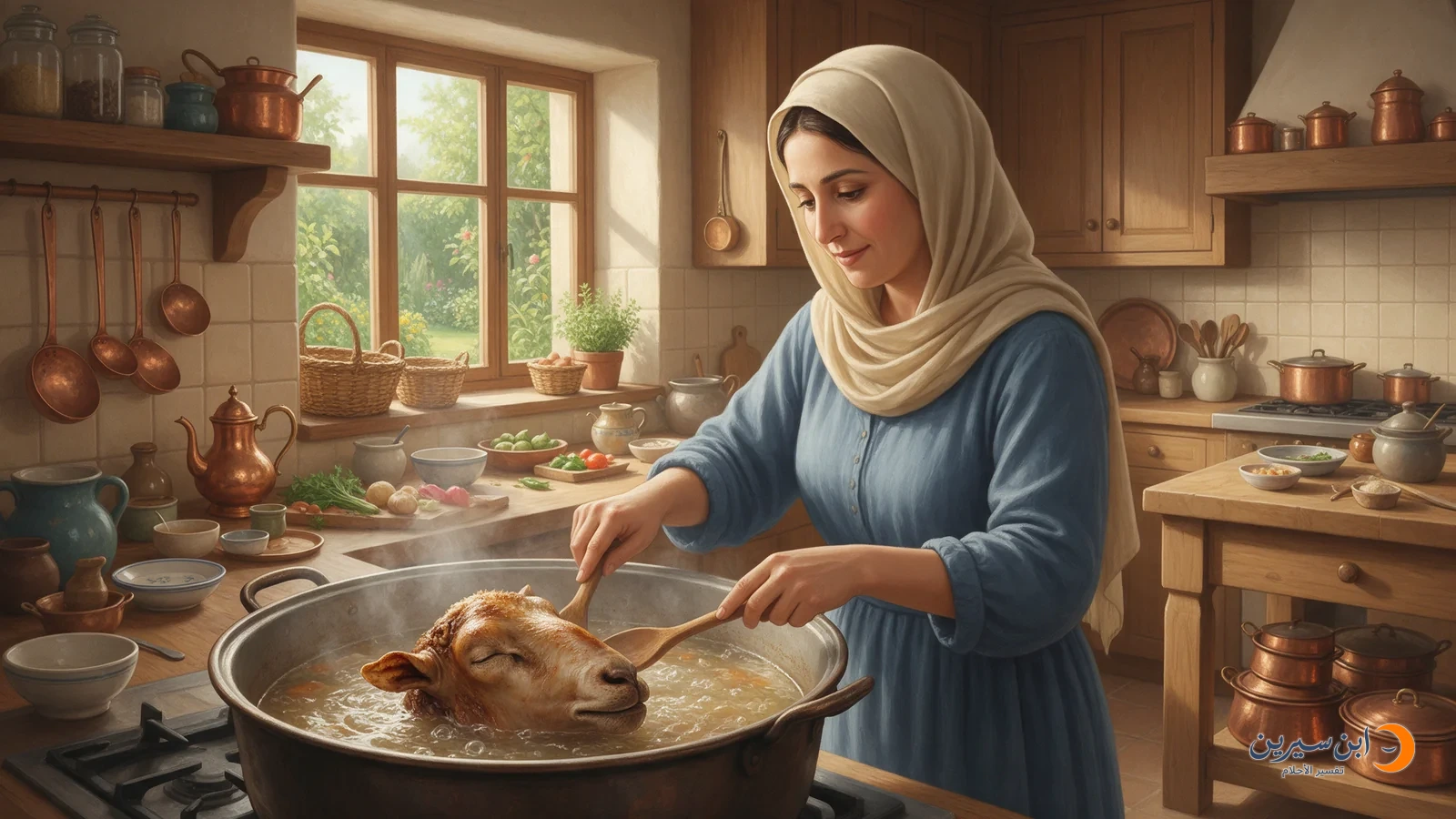 امرأة تحرك مرقًا في قدر يحتوي رأس خروف مطبوخًا
