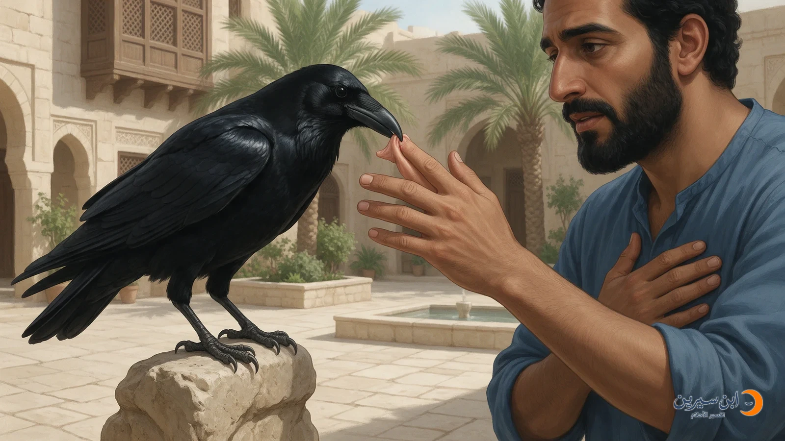 غراب يعض يد رجل يضع يده الأخرى على صدره