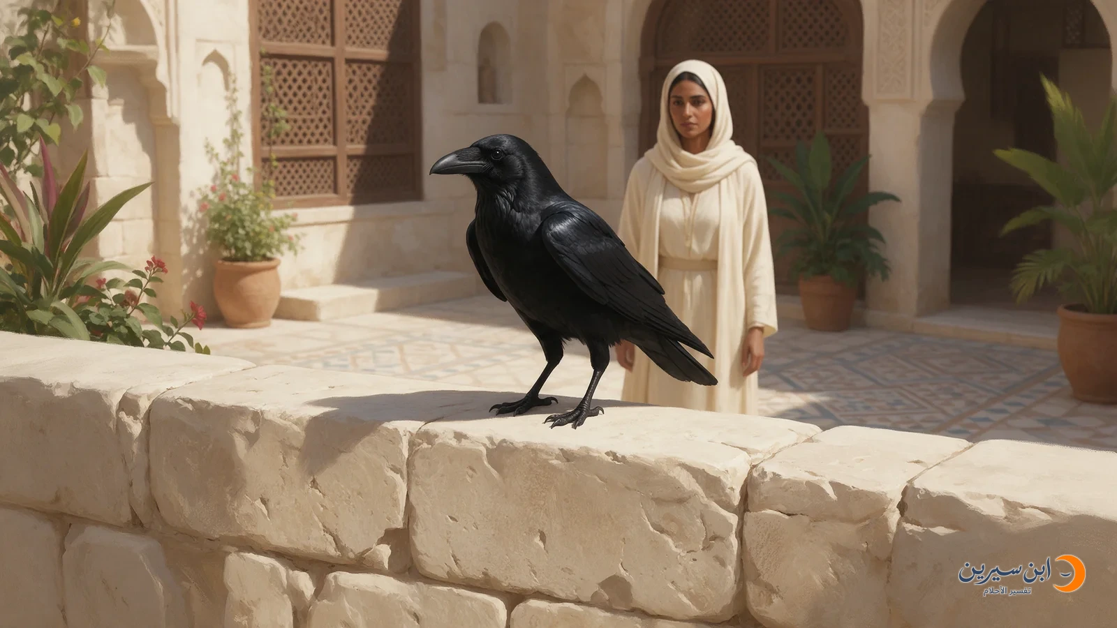 غراب أسود يقف على جدار وامرأة خلفه في فناء