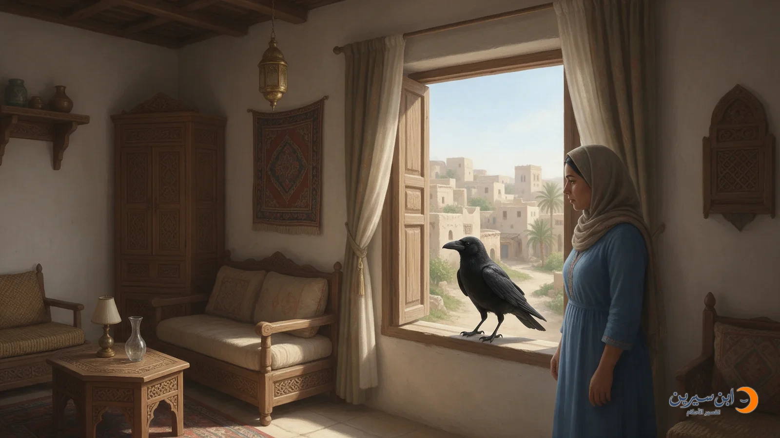 غراب على حافة نافذة مفتوحة من الداخل وامرأة تنظر إليه