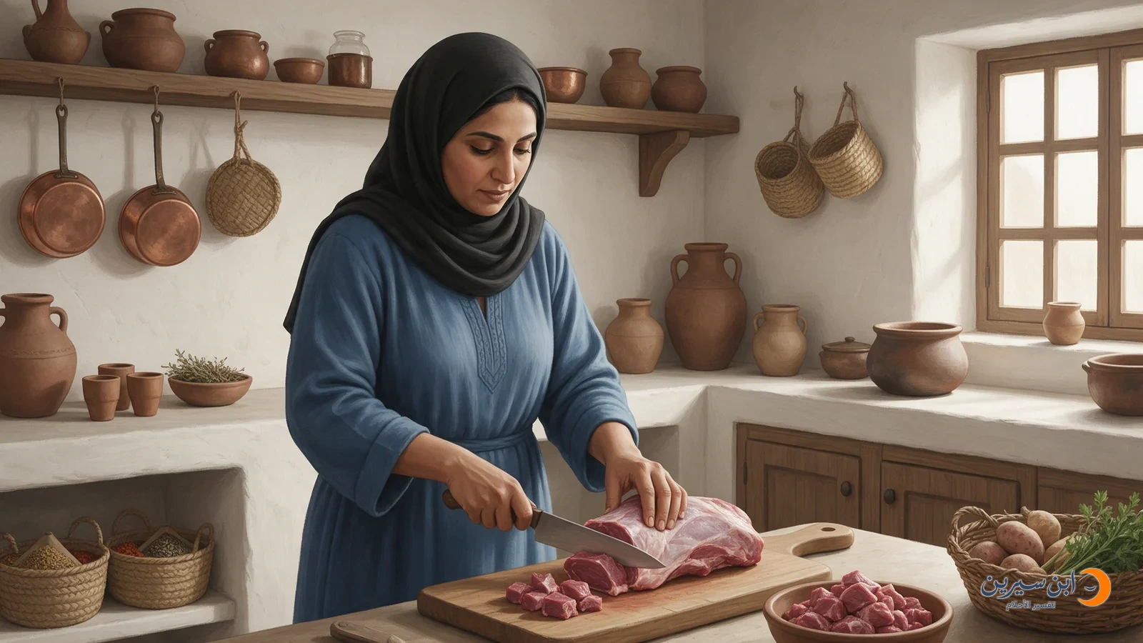 امرأة تقطع اللحم إلى قطع على لوح خشبي في المطبخ