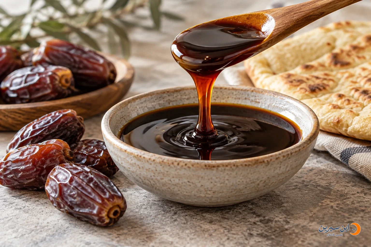 دبس تمر كثيف بجوار تمر وخبز