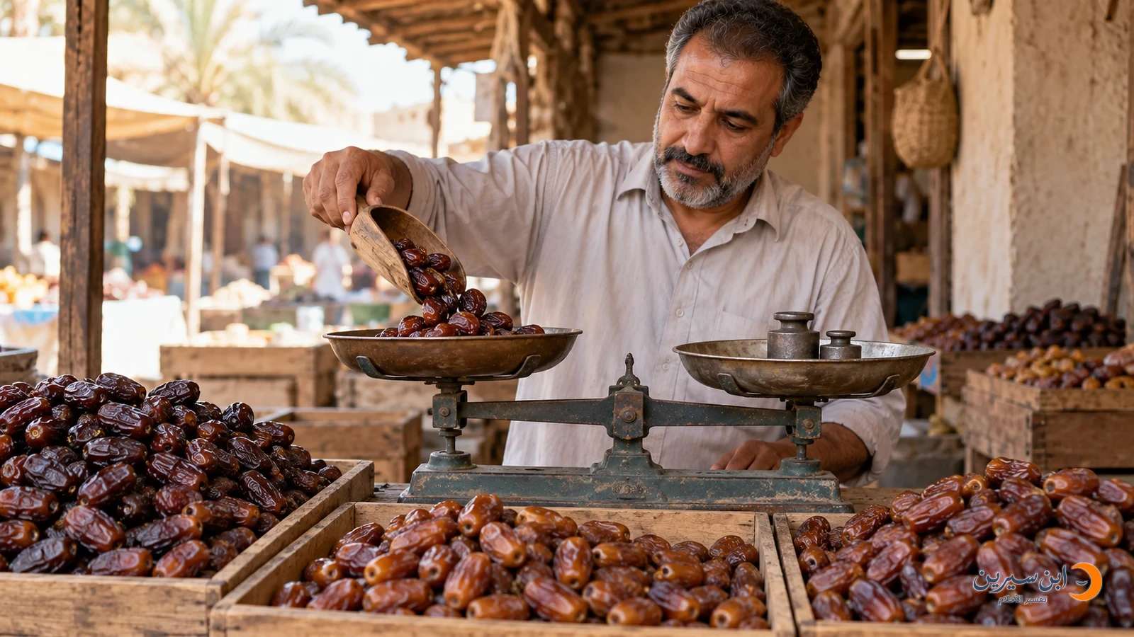 بائع يزن التمر في ميزان على بسطته