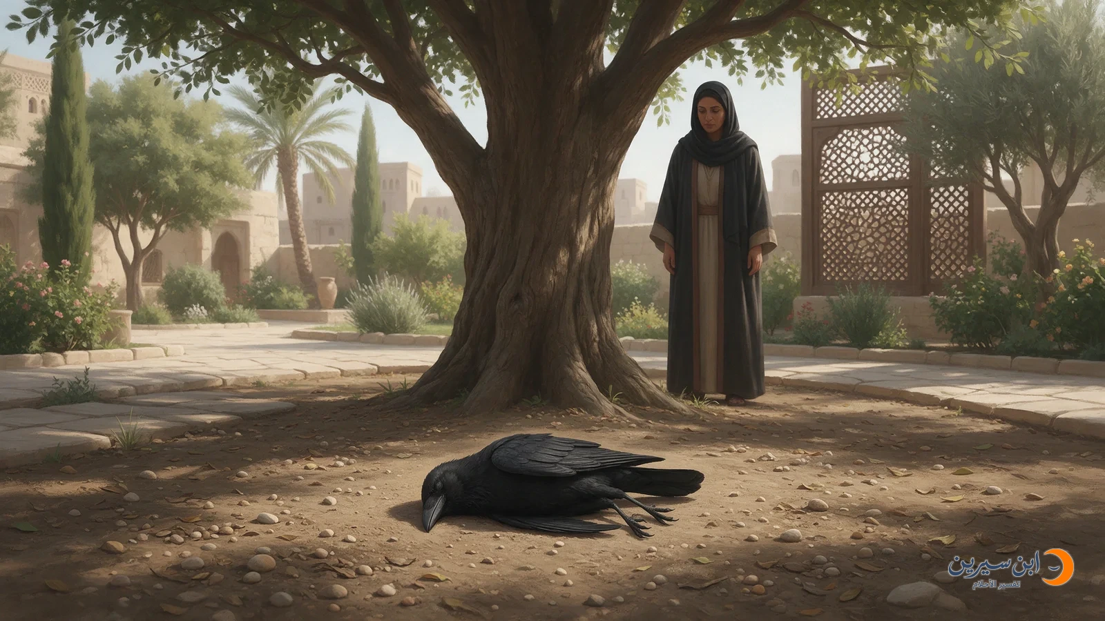 غراب ميت مستلقٍ تحت شجرة وامرأة تنظر إليه