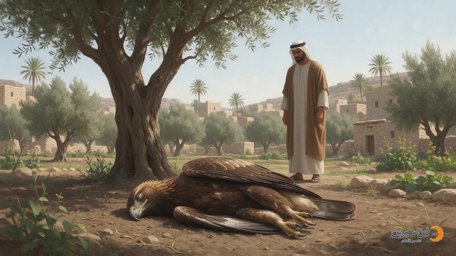 نسر ميت مستلقٍ تحت شجرة ورجل ينظر إليه