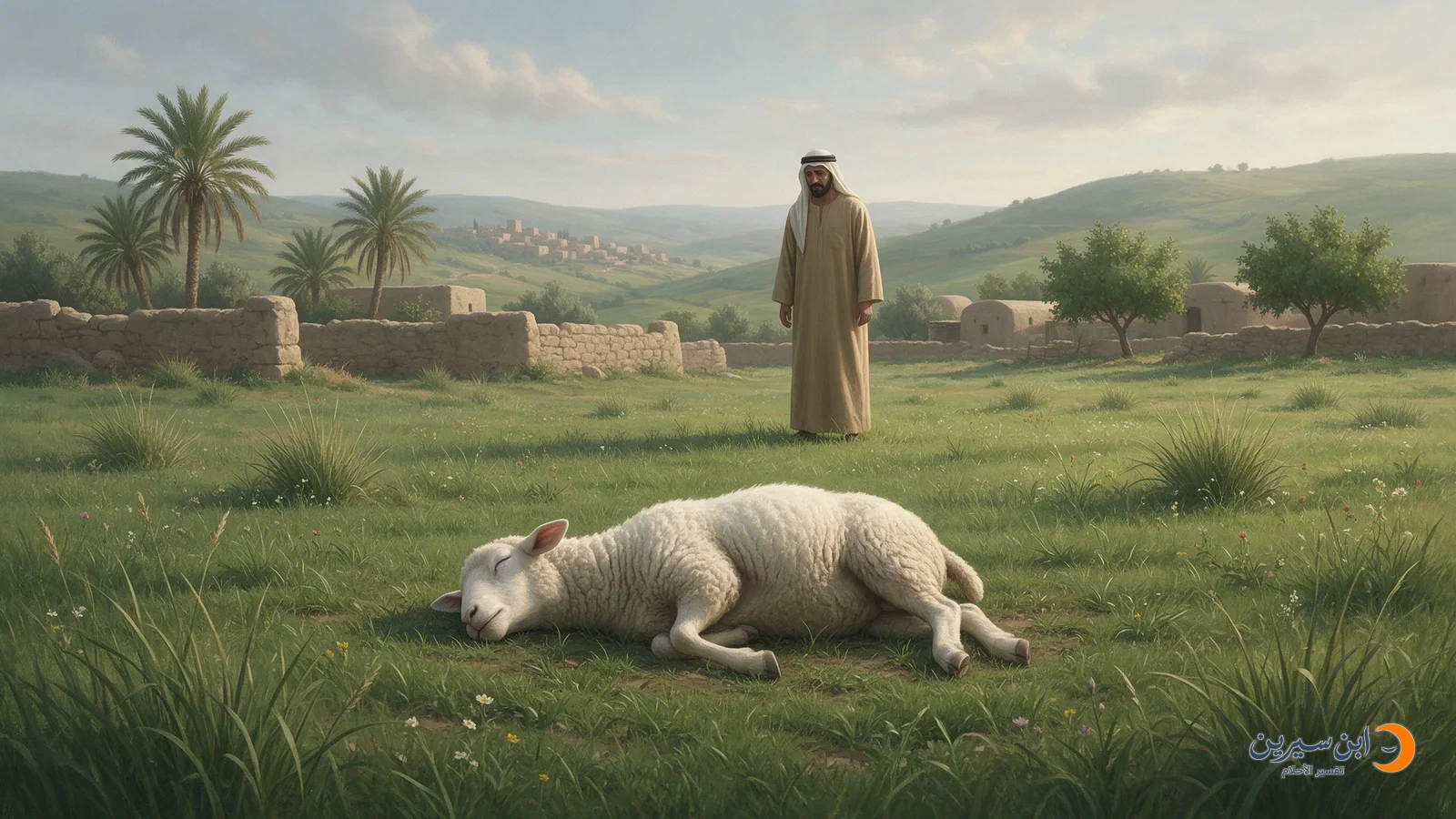 خروف مستلق بلا حركة على جانبه وراع يقف خلفه
