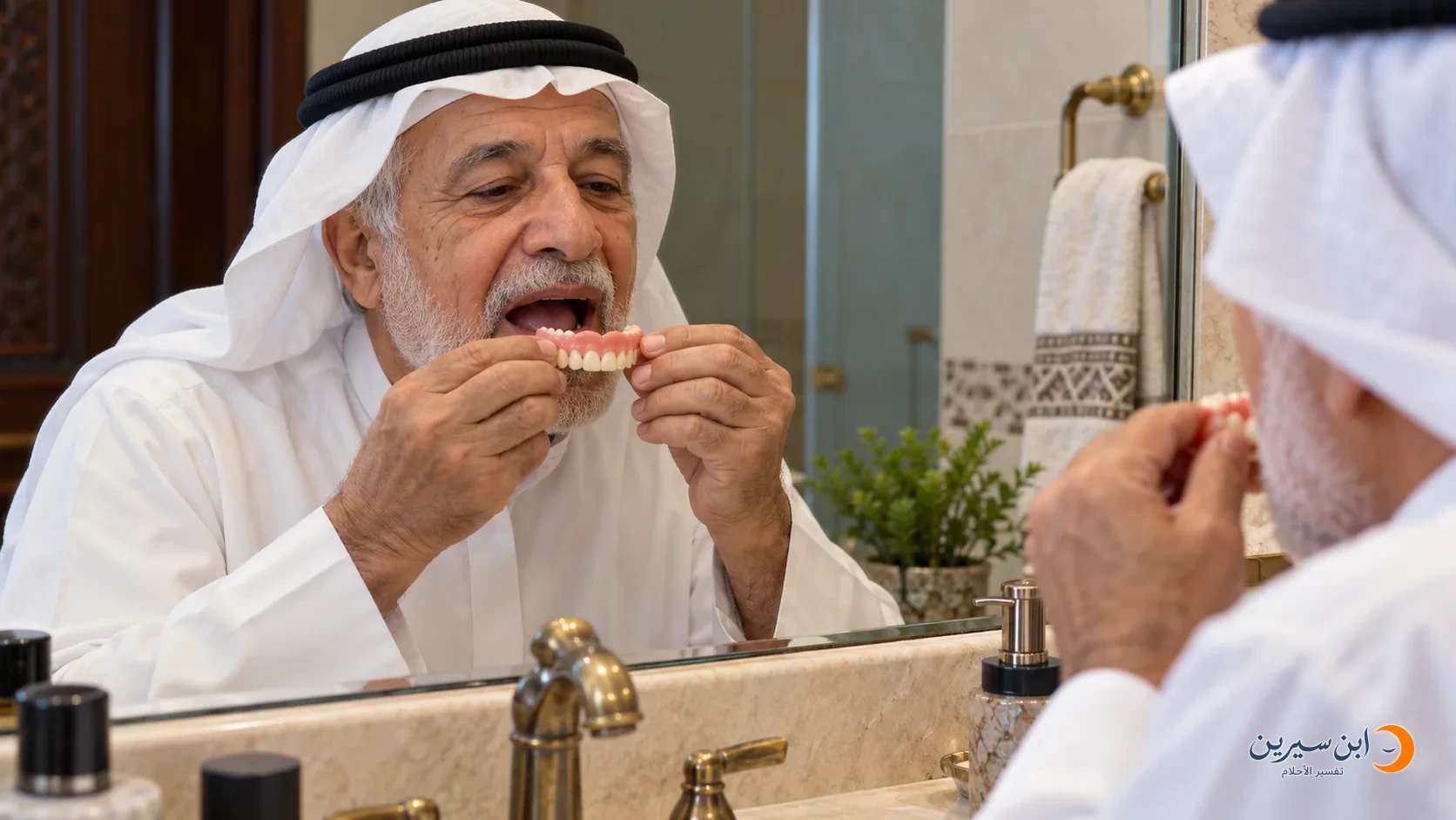 رجل مسن يمسك طقم أسنان أمام فمه المفتوح قرب المرآة