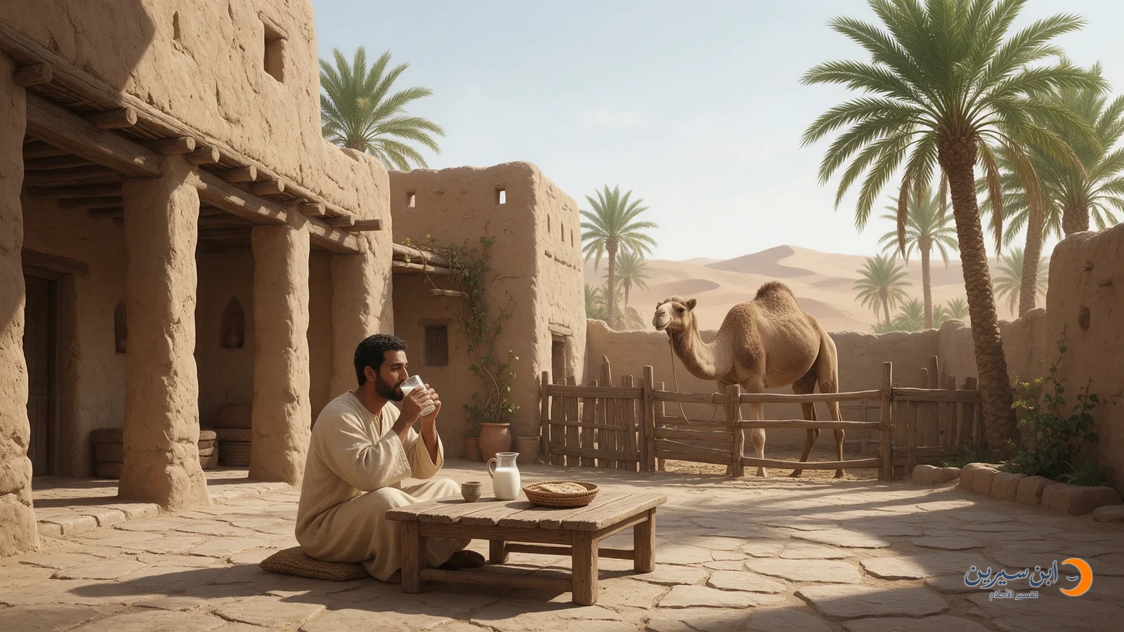 رجل يشرب حليبًا من كأس وناقة تقف في الحظيرة خلفه