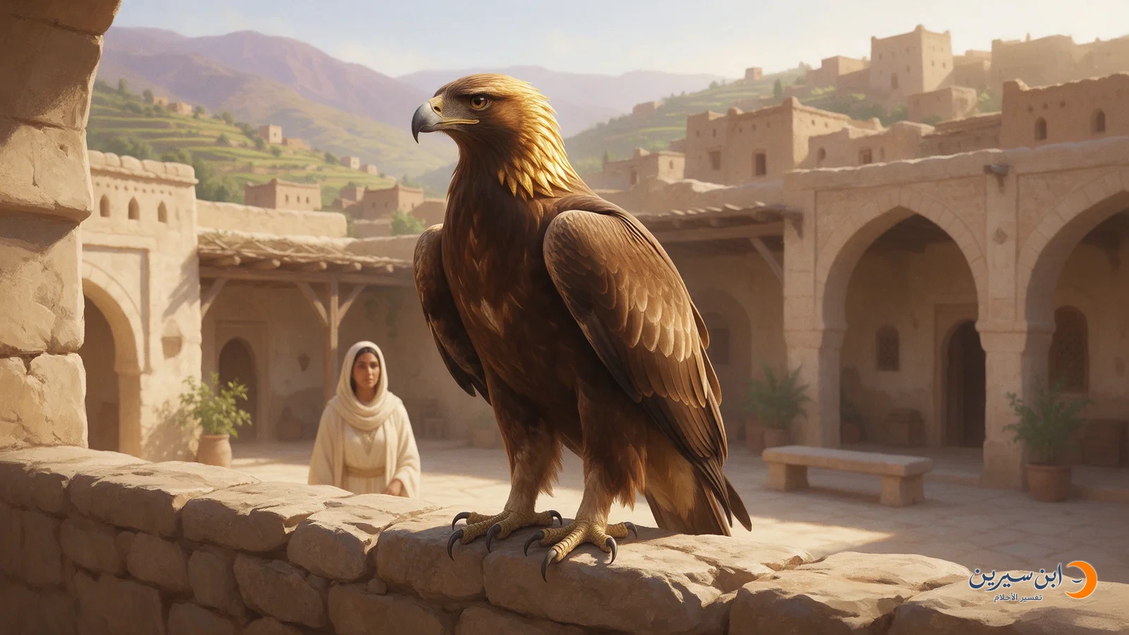 نسر بني يقف على جدار حجري وامرأة خلفه في فناء