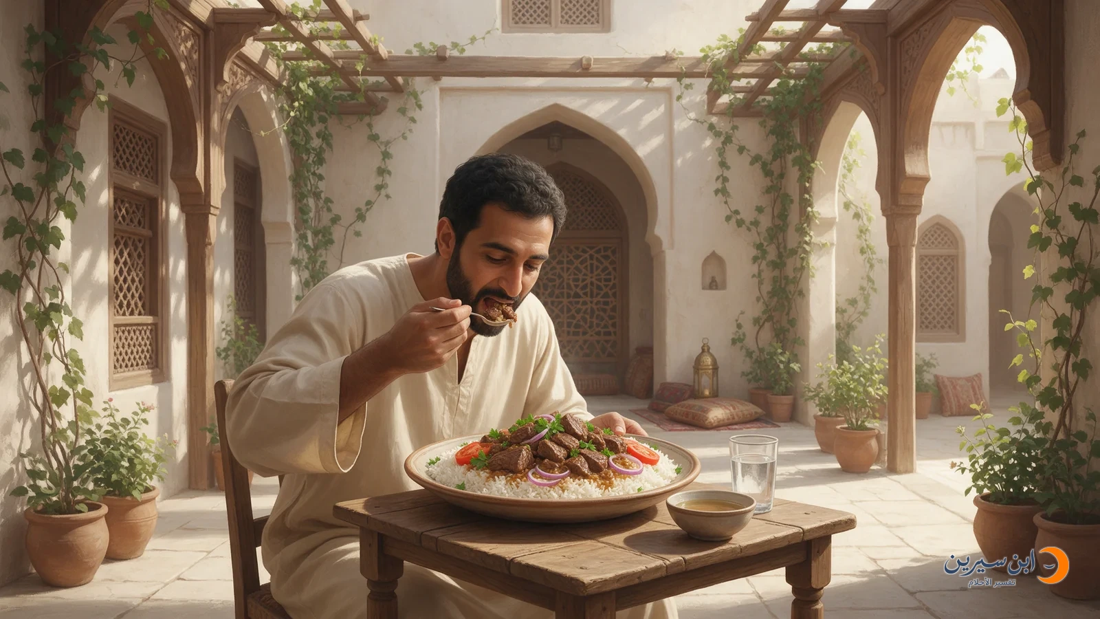 رجل يأكل بالملعقة من طبق لحم مطبوخ وأرز