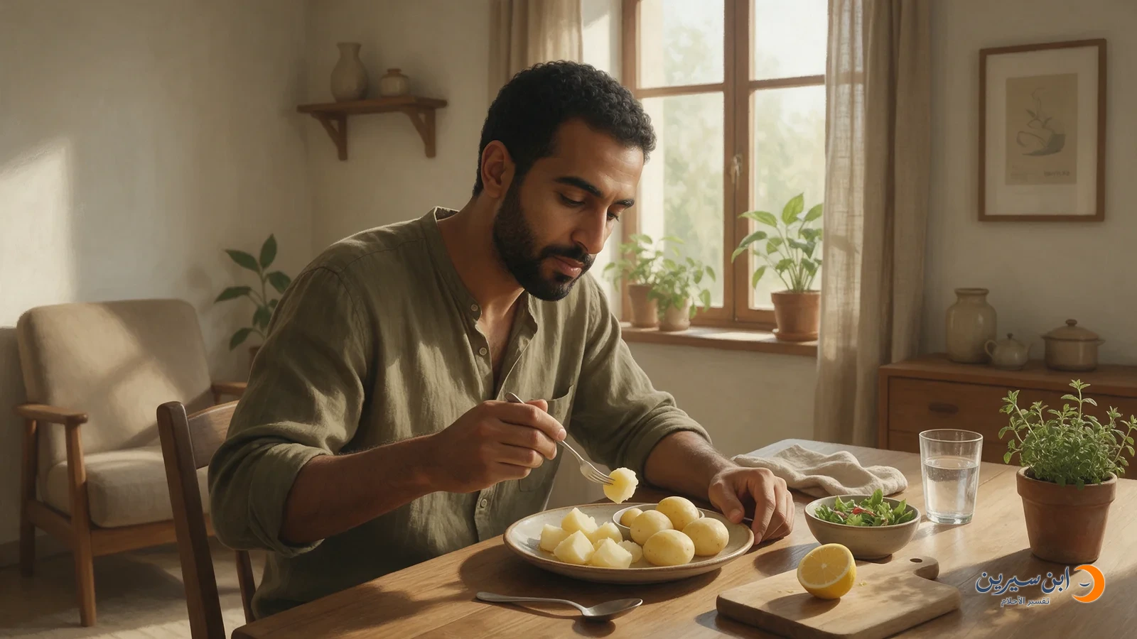 رجل يأكل البطاطس المسلوقة بالشوكة على طاولة الطعام