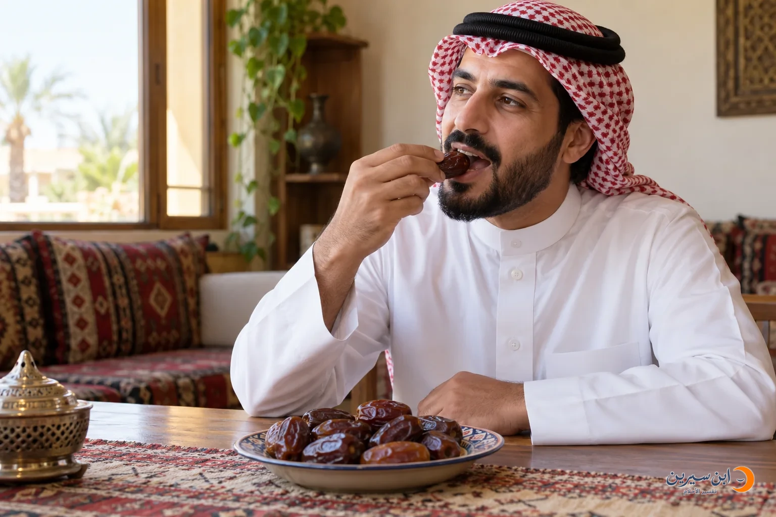 رجل يأكل تمرة أمام طبق تمر