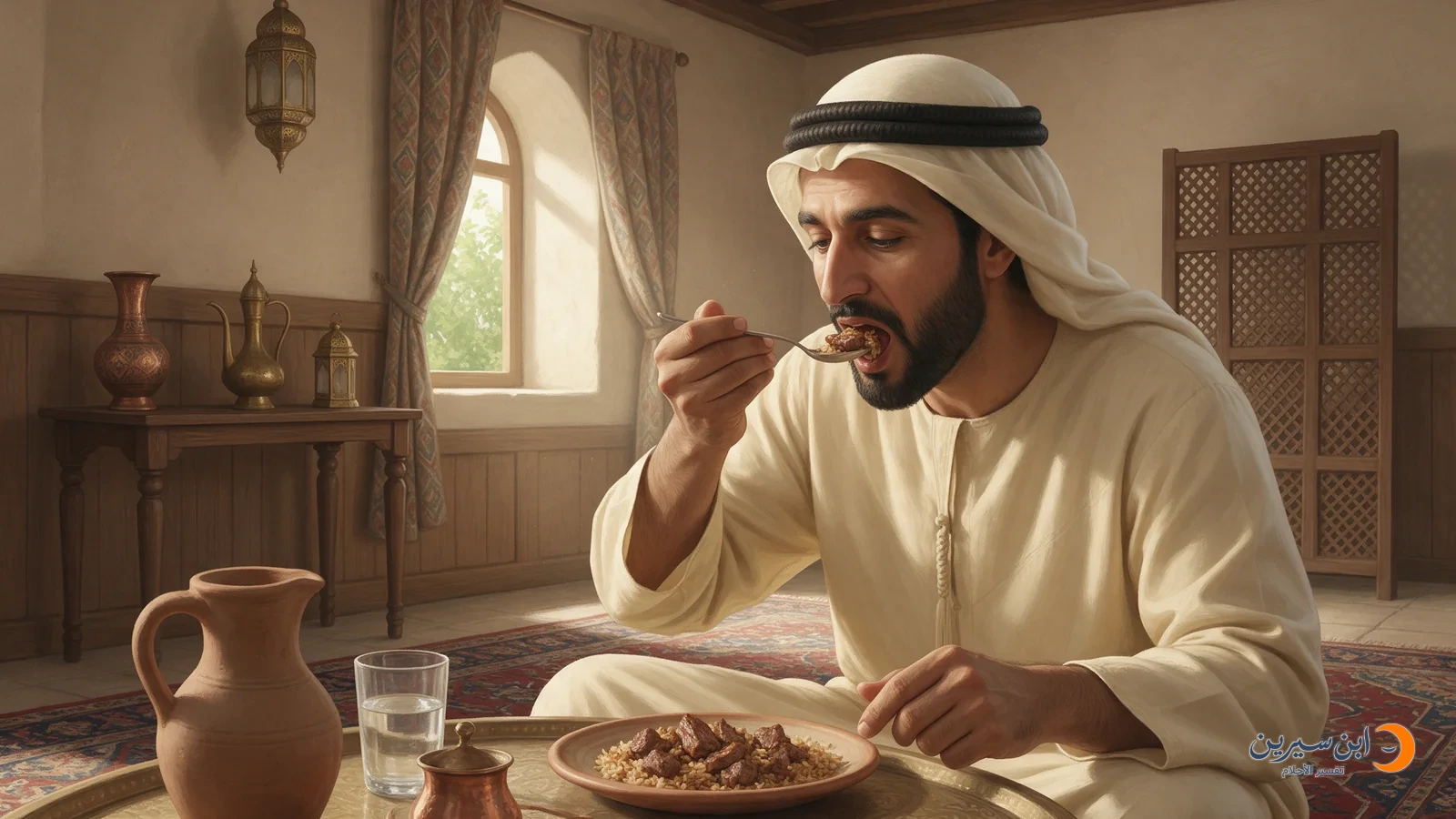 رجل يأكل بالملعقة من طبق لحم مطبوخ وأرز