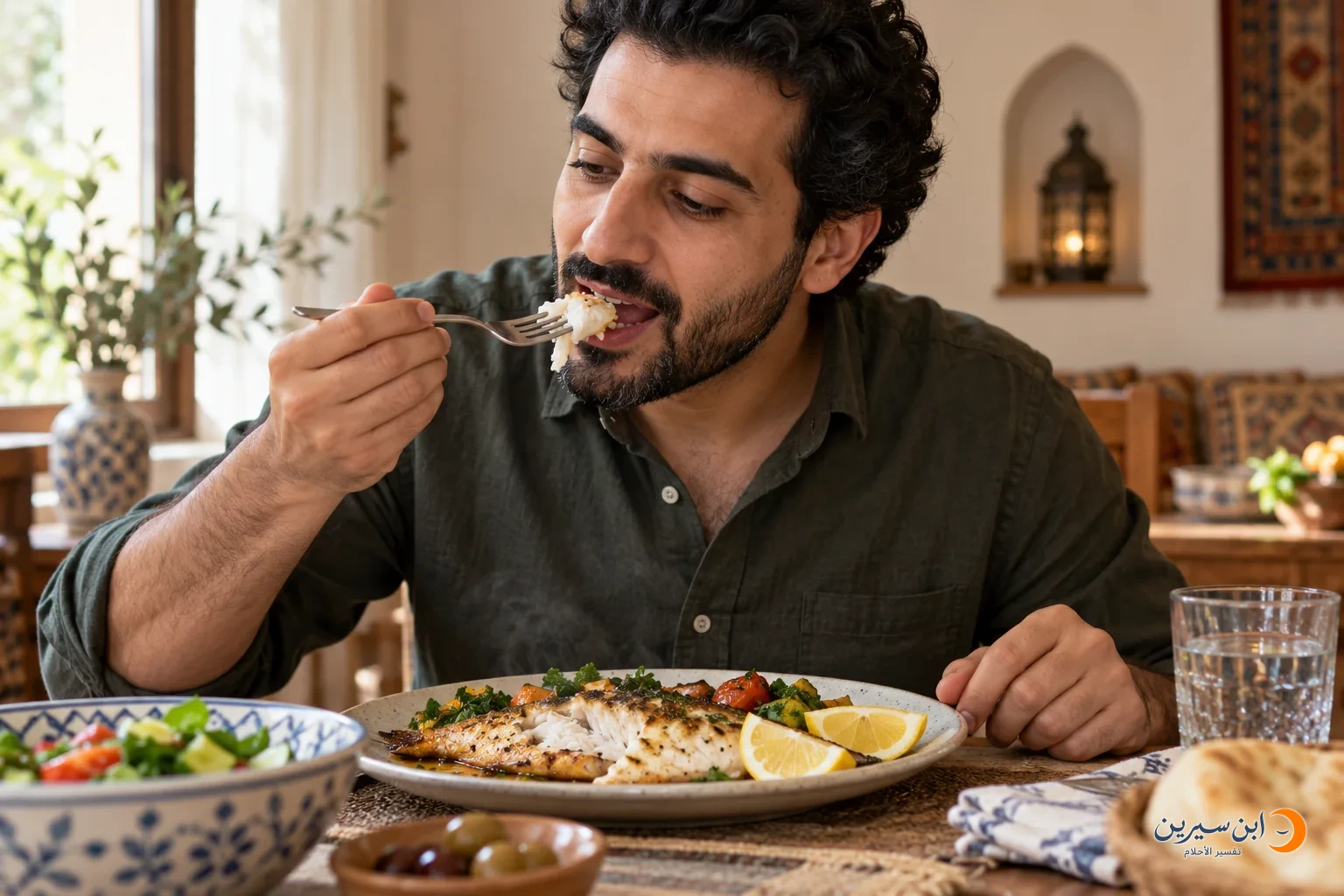رجل يأكل لقمة من السمك المطهو على مائدة المنزل