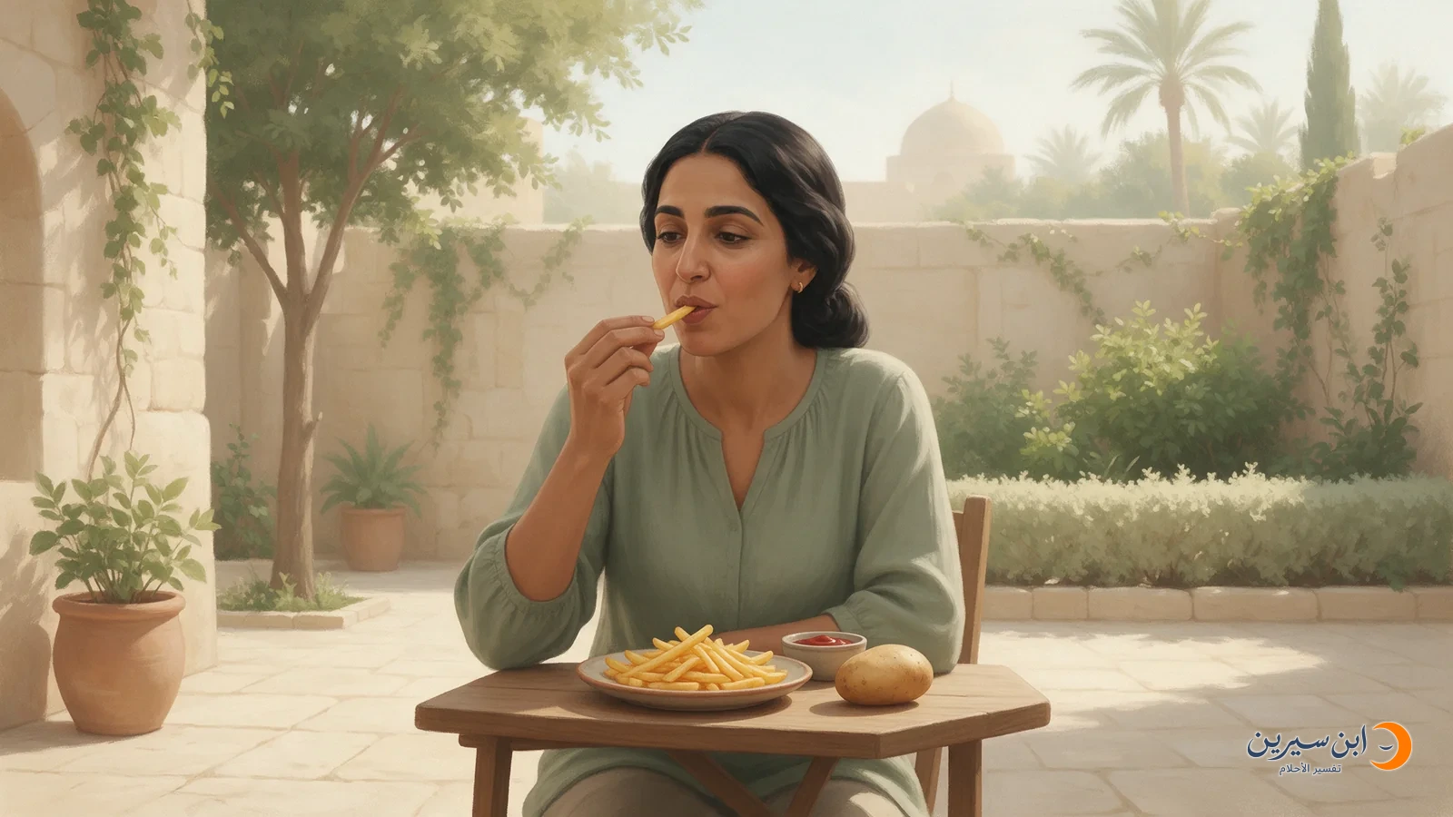 امرأة تأكل أصبع بطاطس مقلية من طبق في فناء هادئ