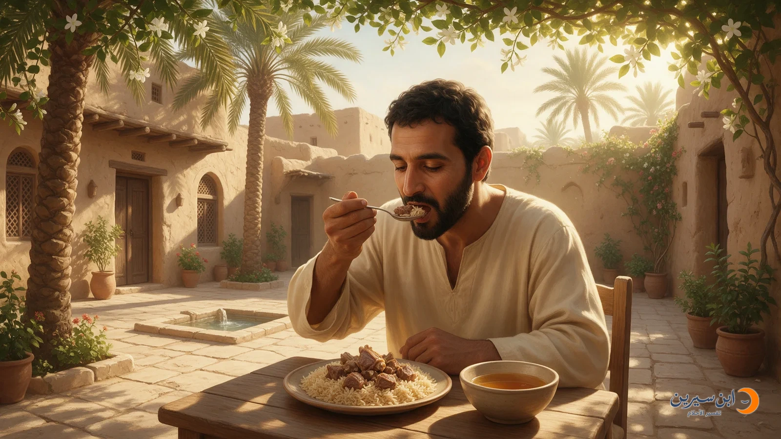 رجل يأكل بالملعقة من طبق لحم مطبوخ وأرز