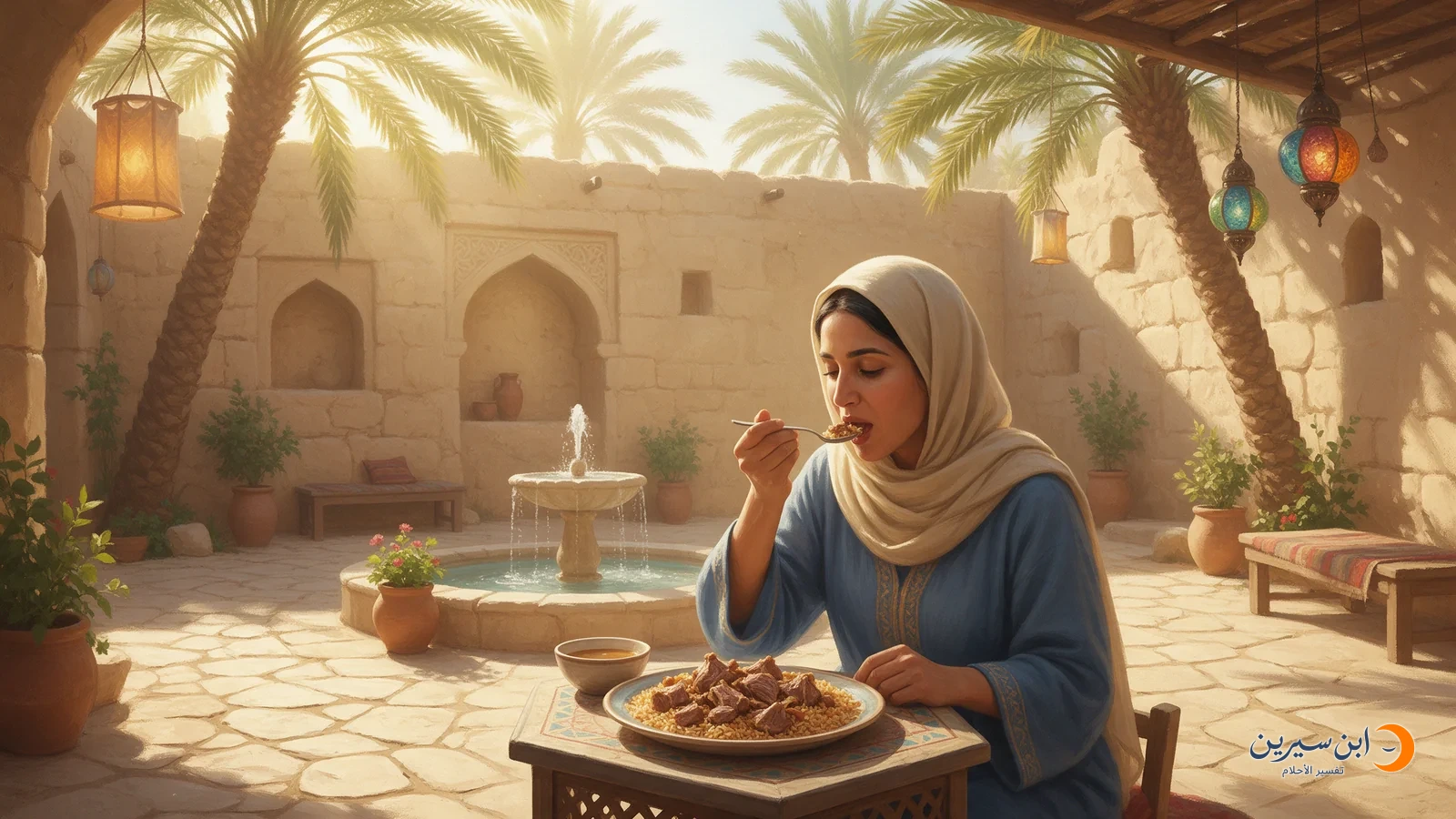 امرأة تأكل بالملعقة من طبق لحم مطبوخ وأرز