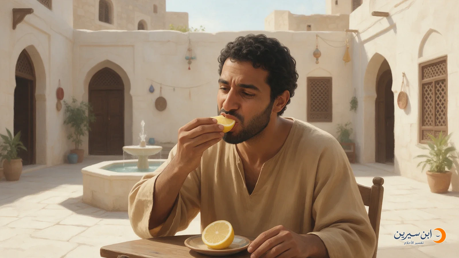 رجل يأكل قطعة ليمون أصفر عند طاولة في فناء