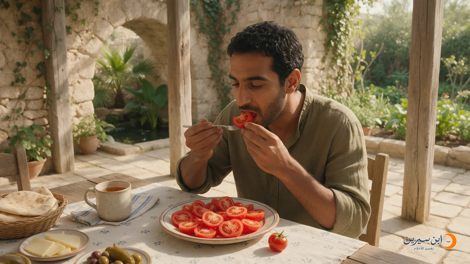 رجل يأكل شريحة طماطم على مائدة في الفناء