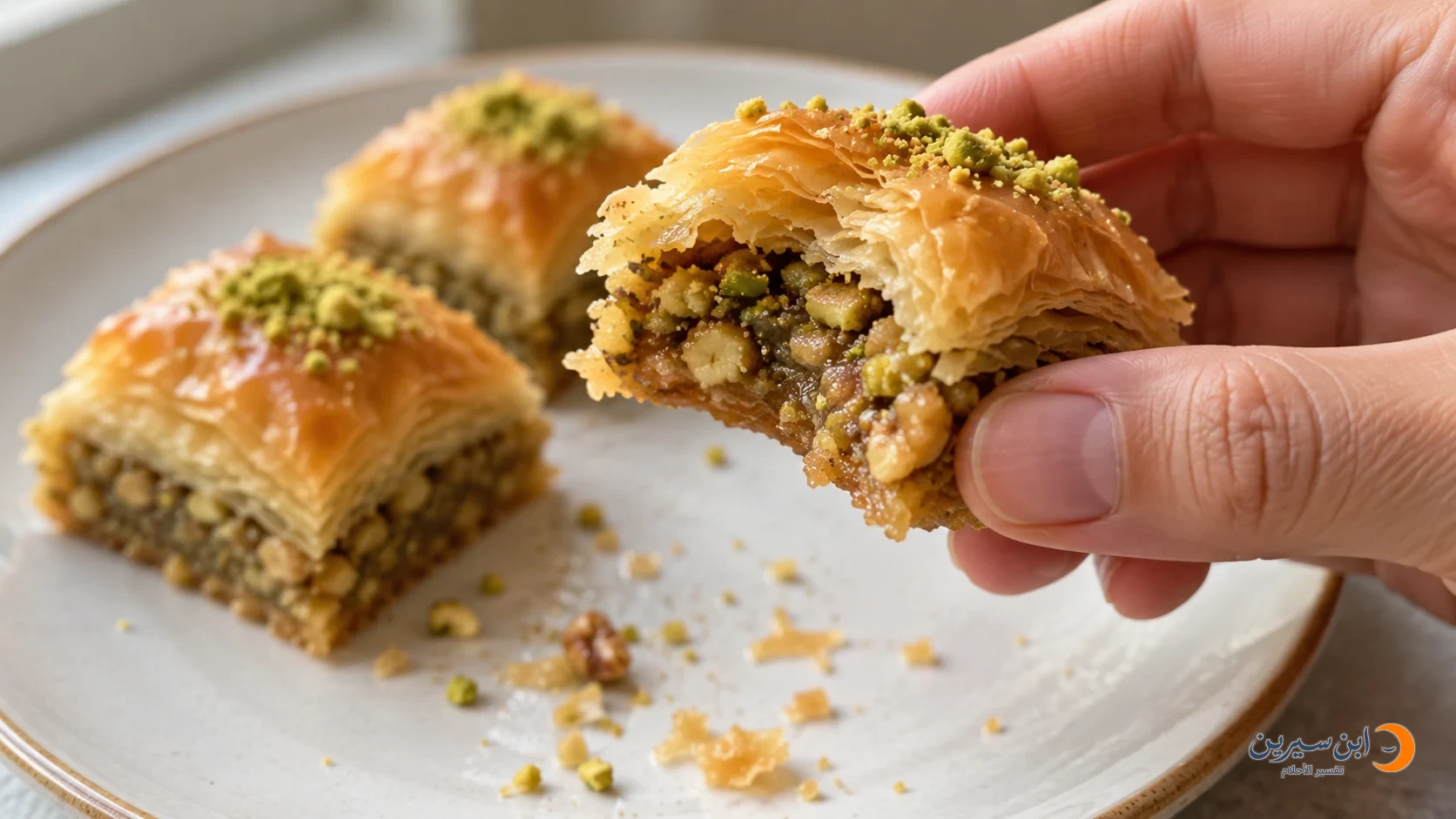 يد تحمل قطعة حلوى مأكولًا منها وتظهر حشوة الجوز والفستق