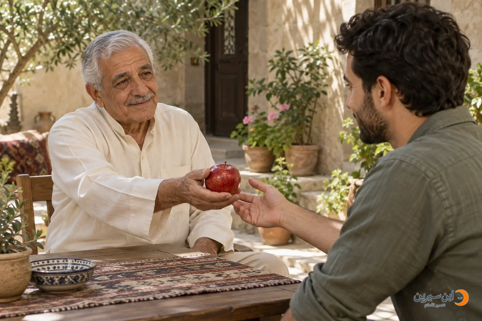 رجل مسن يقدم تفاحة حمراء لشاب يمد يده لتلقيها