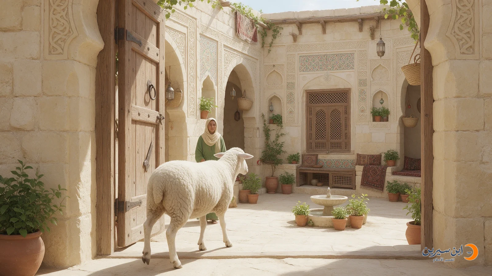 نعجة تدخل فناء منزل تقف فيه امرأة