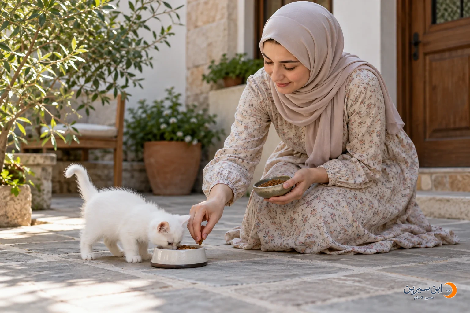 امرأة تضع طعامًا لقطة بيضاء صغيرة تأكل من وعاء