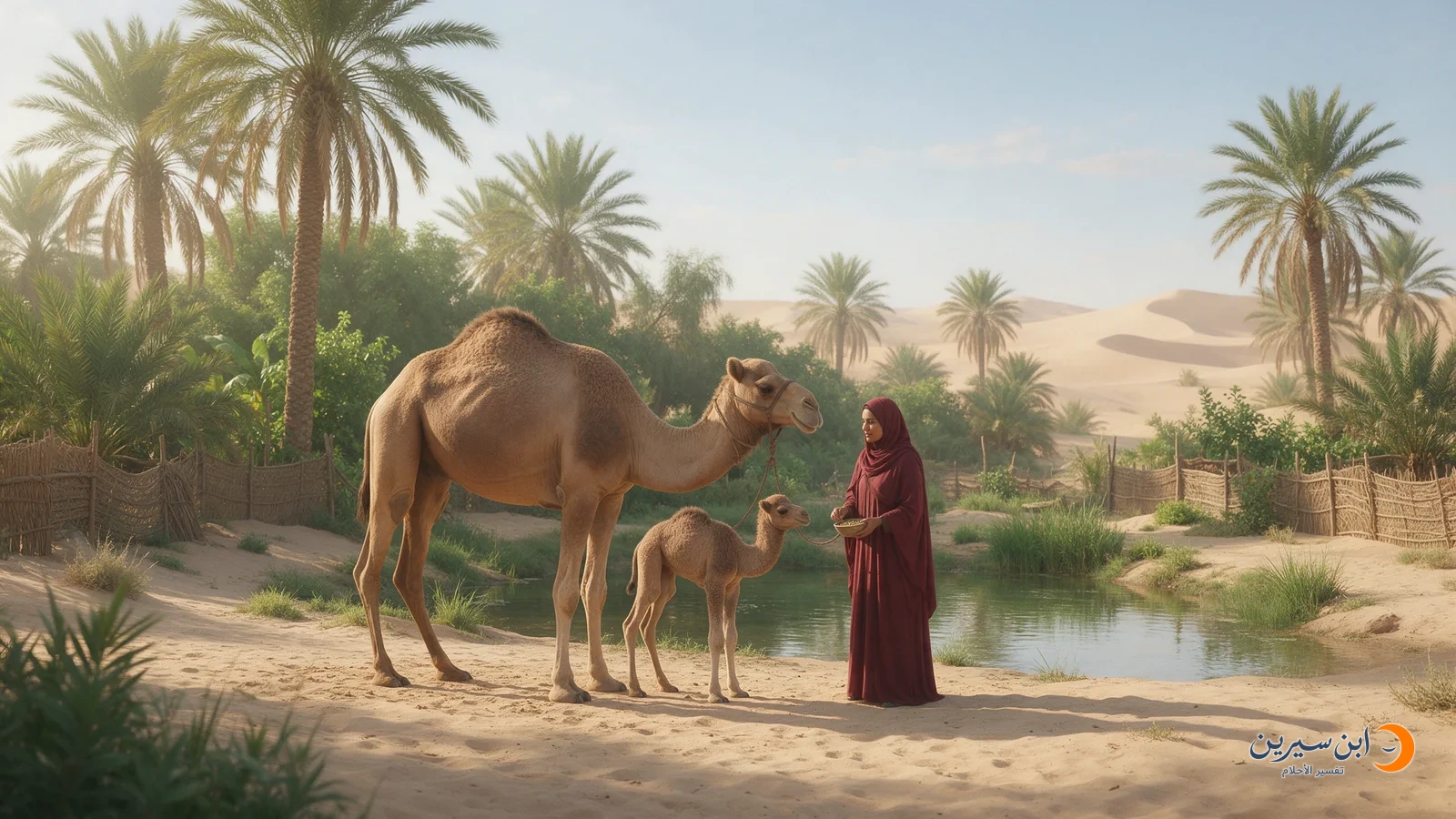 ناقة مع فصيلها بجوار امرأة تحمل علفًا في الواحة