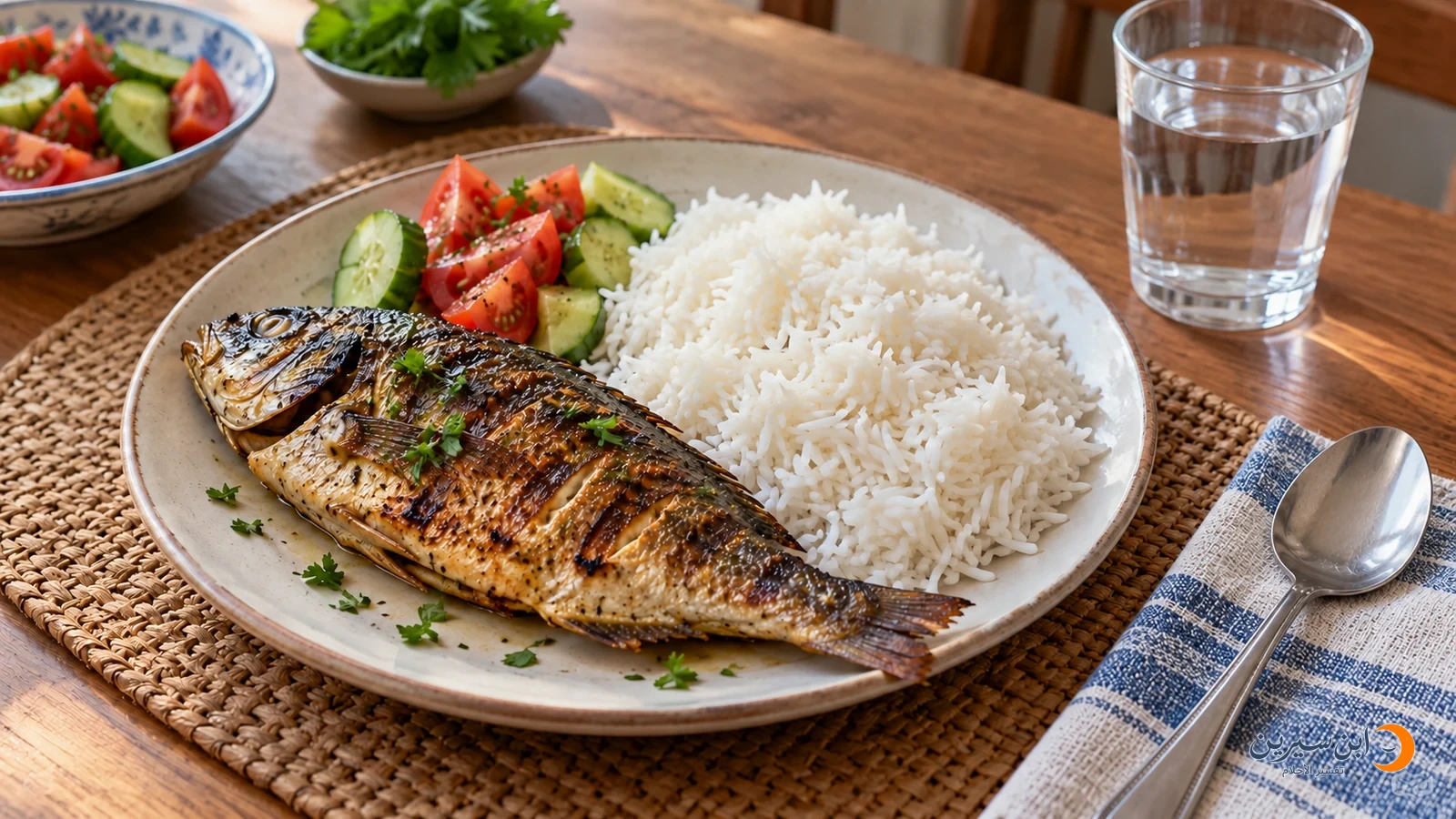 وجبة سمك مطبوخ مع الأرز على المائدة